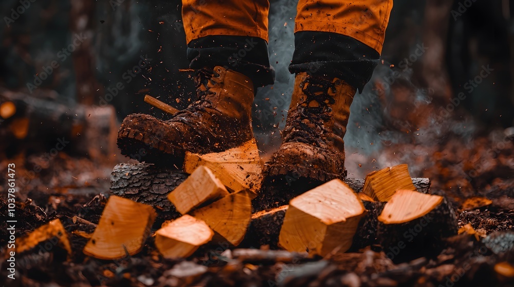 The Art of Logging A Close-Up on Wood Chopping in Nature's Realm with Rugged Boots and Splitting Logs The Art of Logging A Close-Up on Wood Chopping in Nature's Realm with Rugged Boots and Splitting Logs