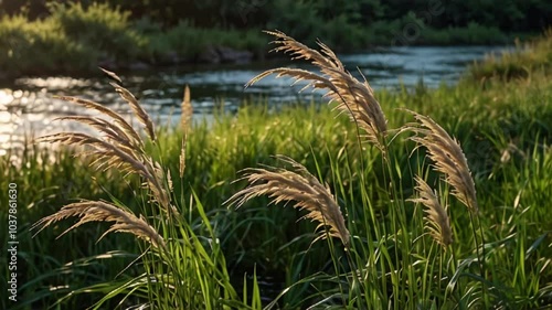 Animation of Winter’s Icy Stillness in Reed Grass Fields. Cold winter frost covering reed grass under a serene sky. Realistic motion. photo