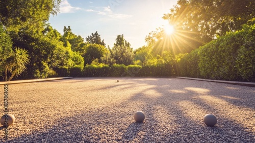 A serene outdoor bocce ball court with well-maintained gravel and neatly placed balls, surrounded by lush greenery and a clear sky, early morning light enhancing the peaceful setting photo