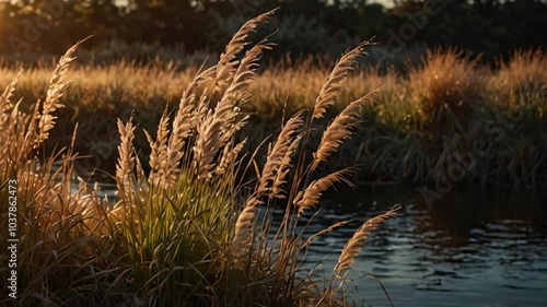 Animation of Spring Dew Drops on Reed Grass. Fresh dew on reed grass in the morning light of spring. Realistic motion. photo