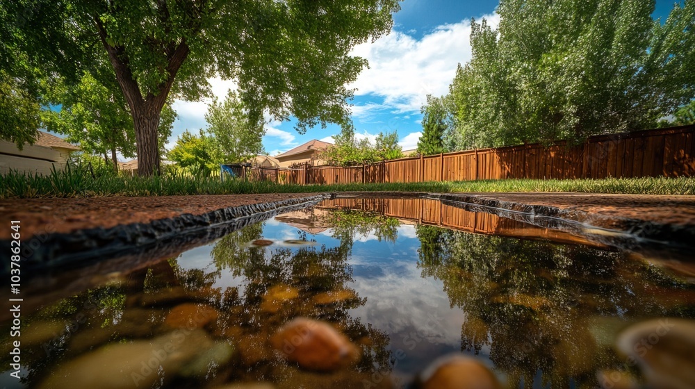 Backyard with standing water reflecting the surrounding trees and sky, capturing the serene beauty of nature's reflection and the tranquility of a still moment. Backyard with standing water reflecting the surrounding trees and sky, capturing the serene beauty of nature's reflection and the tranquility of a still moment.