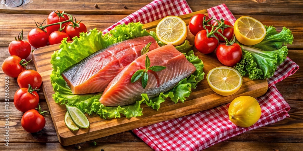 Raw fish fillets arranged on a wooden board, surrounded by vibrant tomatoes, fresh lettuce, and zesty lemon wedges. A red checkered cloth adds a pop of color to the scene. Raw fish fillets arranged on a wooden board, surrounded by vibrant tomatoes, fresh lettuce, and zesty lemon wedges. A red checkered cloth adds a pop of color to the scene.