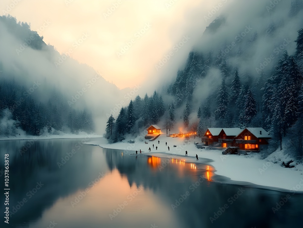 Enchanting winter landscape with a frozen lake reflecting the warm glow of the sunset silhouettes of figure skaters dancing across the ice Enchanting winter landscape with a frozen lake reflecting the warm glow of the sunset silhouettes of figure skaters dancing across the ice