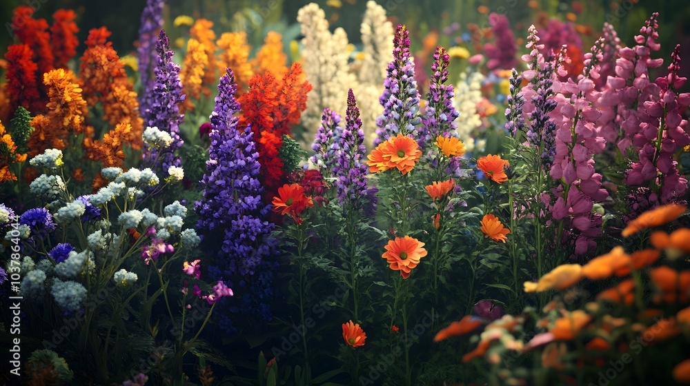 A field of flowers with a mix of bright, dark and light colored flowers. A field of flowers with a mix of bright, dark and light colored flowers.