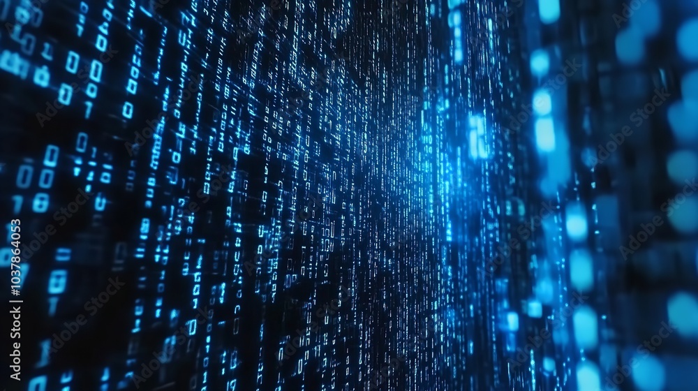 Blue Digital Binary Data on Computer Screen: 8K Realistic Lighting Blue Digital Binary Data on Computer Screen: 8K Realistic Lighting