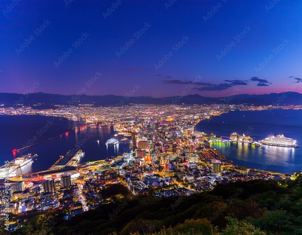 Obraz premium 函館山から見下ろす、世界三大夜景のひとつとされる函館の夜景。湾に沿って広がる街の光が宝石のように輝き、港に停泊する船の灯りも穏やかに瞬いている。ロマンチックな夜景を眺めるカップルや観光