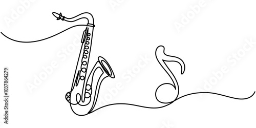 Beautiful Saxophone with music notes One Line Stroke, This is a continuous one line drawing of a saxophone with a music outline outline modern illustration. Easily editable, Saxophone and music note