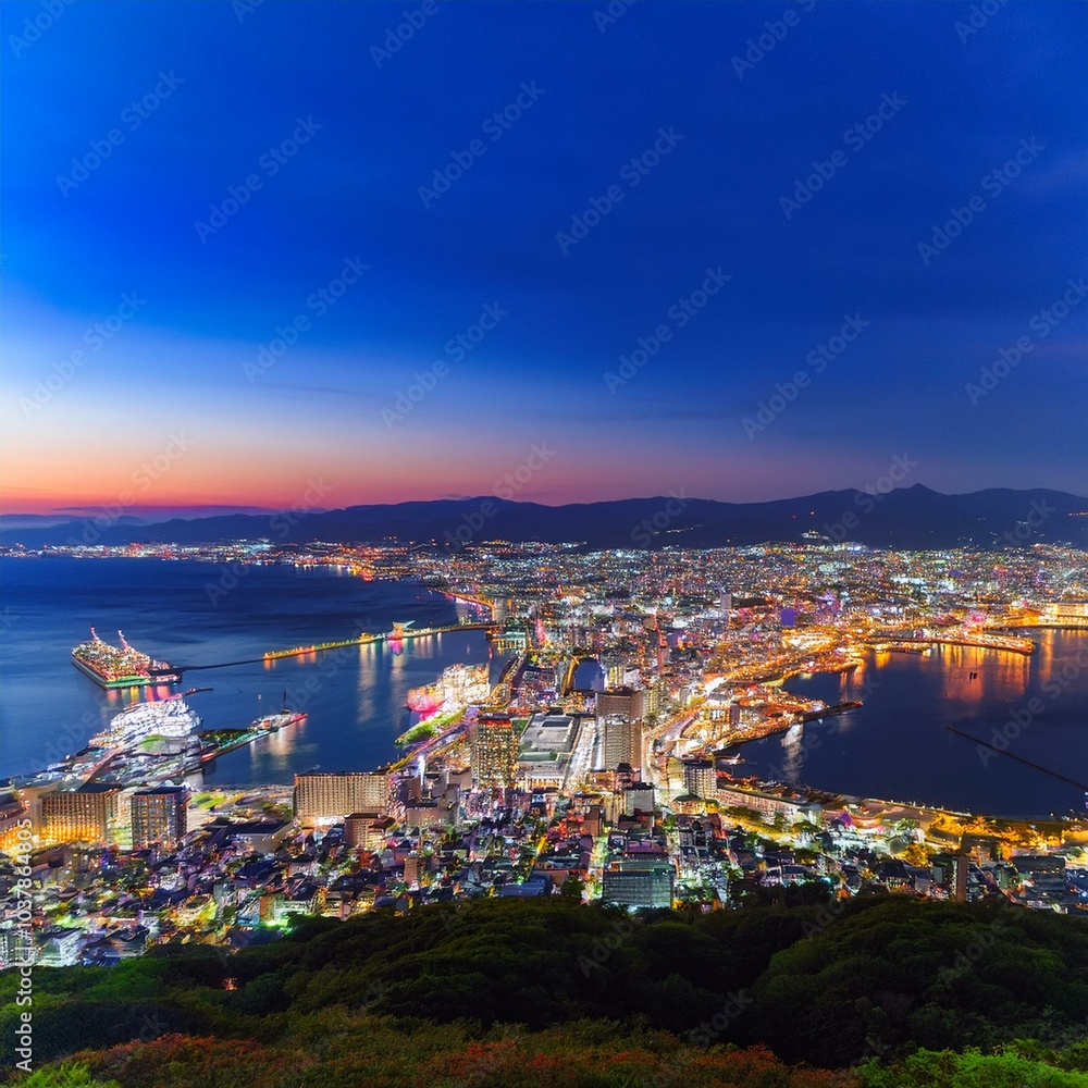 Fototapeta premium 函館山から見下ろす、世界三大夜景のひとつとされる函館の夜景。湾に沿って広がる街の光が宝石のように輝き、港に停泊する船の灯りも穏やかに瞬いている。ロマンチックな夜景を眺めるカップルや観光
