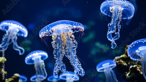 A group of jellyfish swim in a dark blue aquarium