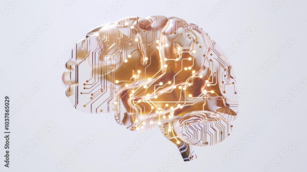 Fototapeta premium a circuit board arranged in the shape of a brain, with electrical currents flowing through its pathways and generating bursts of light
