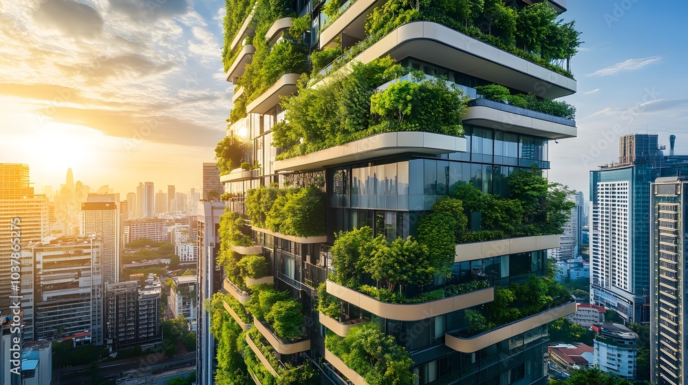 Futuristic city skyline filled with vertical green spaces, interconnected buildings, and automated transportation Futuristic city skyline filled with vertical green spaces, interconnected buildings, and automated transportation