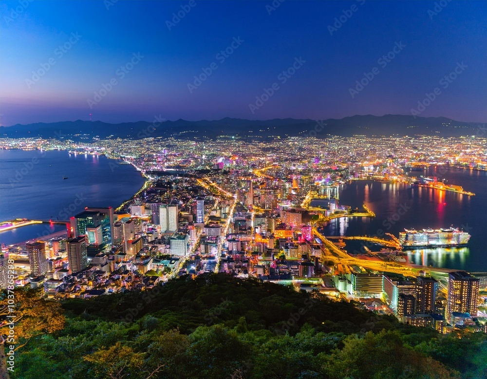 Fototapeta premium 函館山から見下ろす、世界三大夜景のひとつとされる函館の夜景。湾に沿って広がる街の光が宝石のように輝き、港に停泊する船の灯りも穏やかに瞬いている。ロマンチックな夜景を眺めるカップルや観光
