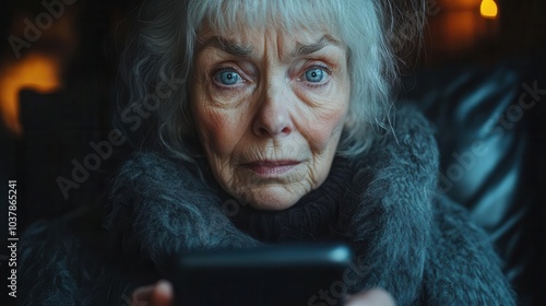 closeup of an older woman examining her smartphone with a distressed expression depicting the emotional turmoil of reading alarming news and the impact of digital information on mental health