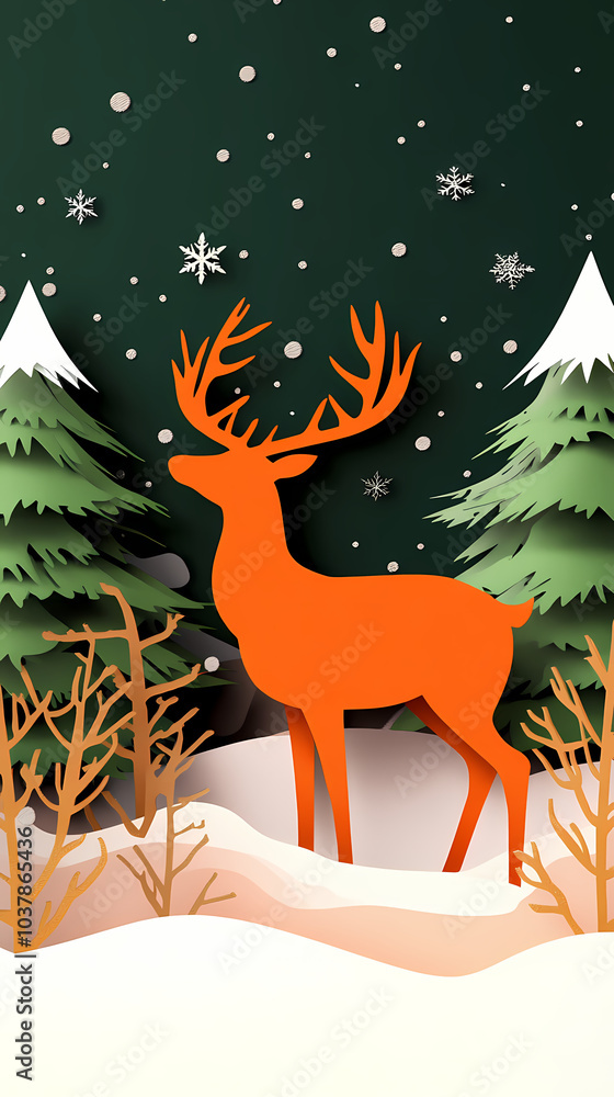 Naklejka premium Christmas deer 3d vector papercut