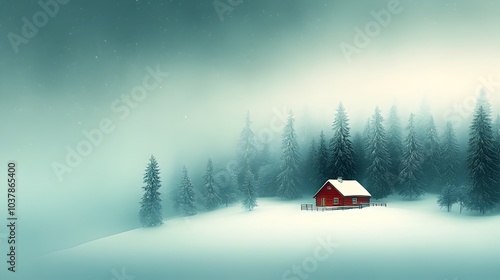 Delicate snowflakes gently falling on a picturesque snow blanketed winter landscape featuring a cozy wooden cabin nestled amidst towering pine trees A tranquil cinematic scene with a serene