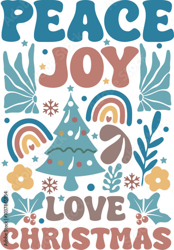 Retro Peace Joy Love Christmas Boho Christmas Tree Floral T shirt Design