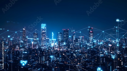 Wallpaper Mural Futuristic urban skyline with interconnected skyscrapers, energy-efficient lighting, and automated hover vehicles Torontodigital.ca