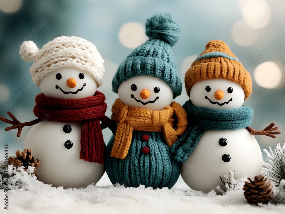 A charming family of whimsical snowmen dressed in colorful scarves and knitted hats standing together against a serene snowy winter landscape with a backdrop of frosty pine trees and a soft A charming family of whimsical snowmen dressed in colorful scarves and knitted hats standing together against a serene snowy winter landscape with a backdrop of frosty pine trees and a soft