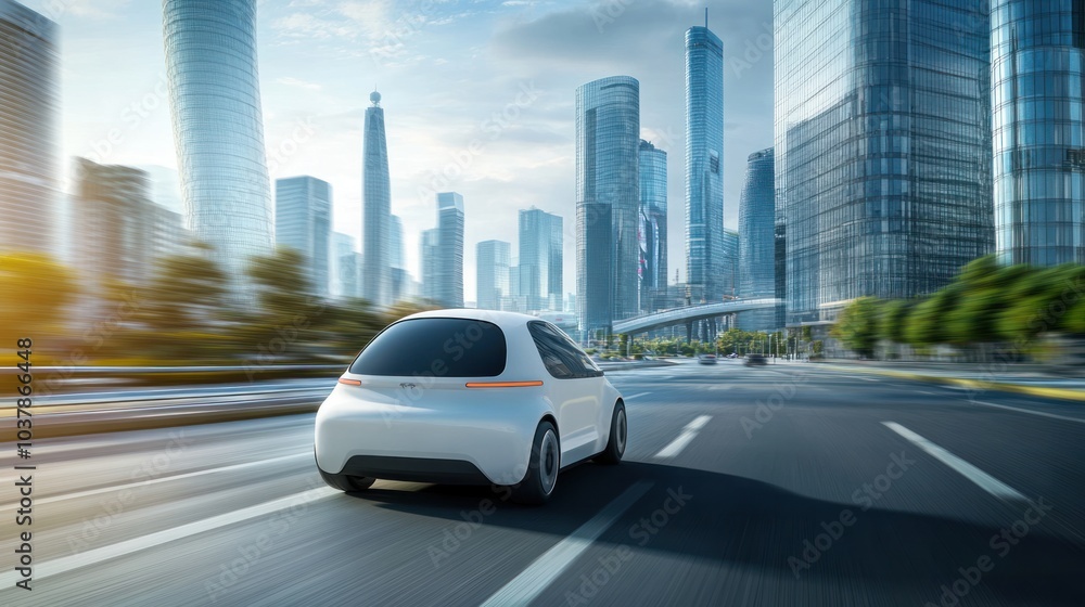 Compact urban electric car driving smoothly through a futuristic city street, surrounded by tall modern skyscrapers Compact urban electric car driving smoothly through a futuristic city street, surrounded by tall modern skyscrapers