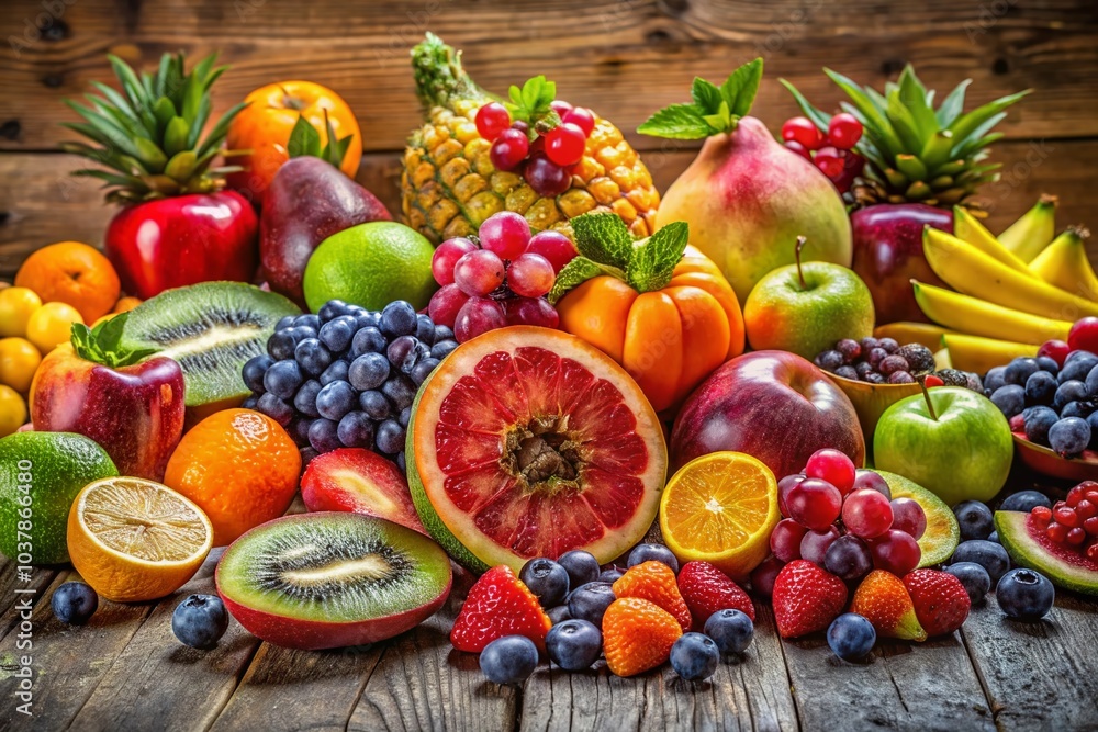 A colorful collection of fresh fruits showcased on a wooden table, designed to inspire healthy eating habits and A colorful collection of fresh fruits showcased on a wooden table, designed to inspire healthy eating habits and
