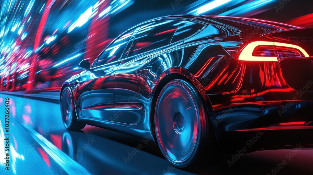 Electric car driving along vibrant urban roads, futuristic city lights reflecting off the streamlined design Electric car driving along vibrant urban roads, futuristic city lights reflecting off the streamlined design