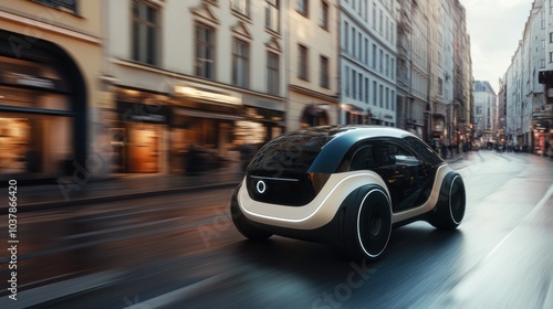 Compact electric car driving through narrow city streets, futuristic design, smart technology, efficient transportation