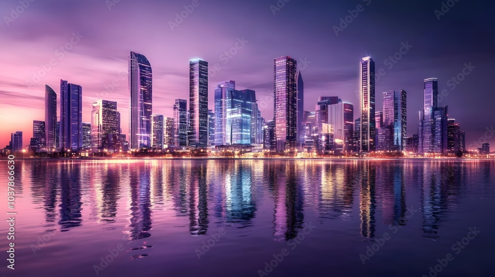 Fototapeta premium Futuristic urban skyline with neon-lit skyscrapers, eco-friendly technology, and high-speed hover vehicles