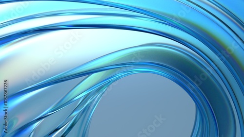 An abstract background featuring a delicate elegance and modernity, with a blue curve drawn on a transparent and clear glass plate, rendered in 3D.