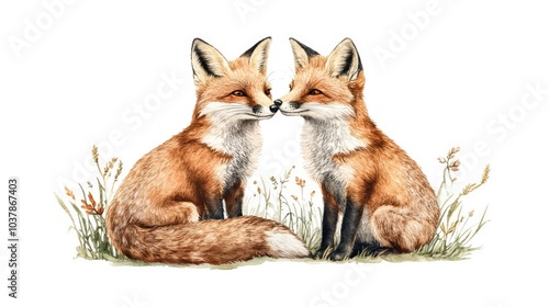 Watercolor Loving Fox Couple in Woodland Setting