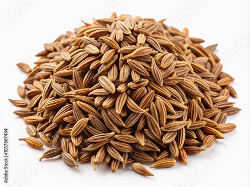 A detailed view of caraway seeds against a white backdrop, highlighting their distinctive form, perfect for enhancing