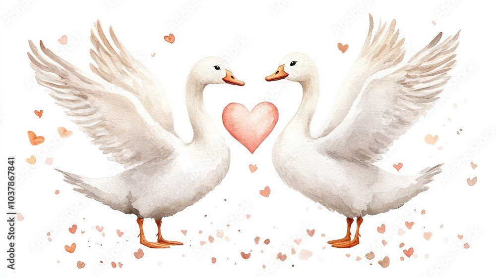 Obraz premium Cute Watercolor Geese Flying with Hearts