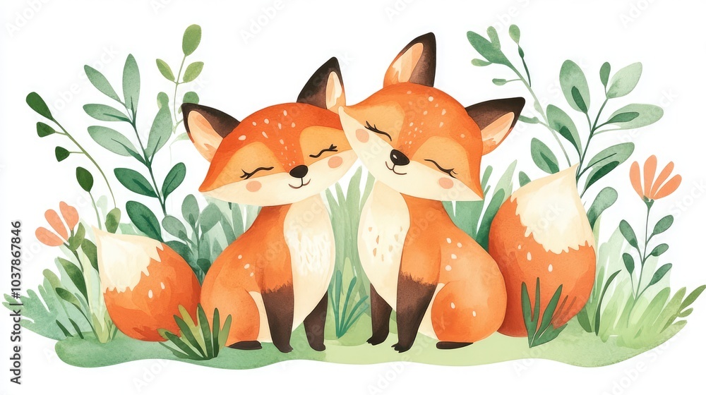 Fototapeta premium Cute Watercolor Foxes in a Loving Embrace