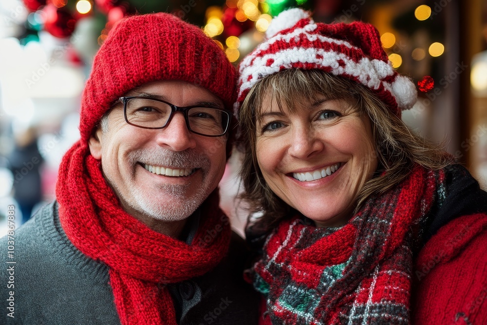 Couple smiling together wearing festive hats and scarves during winter holidays in a cheerful atmosphere Couple smiling together wearing festive hats and scarves during winter holidays in a cheerful atmosphere