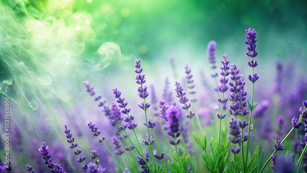Fototapeta premium Abstract close-up of lavender mist and tropical green pattern