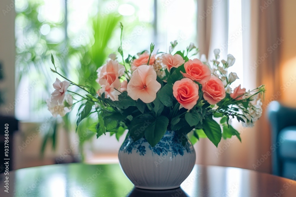 A beautifully arranged bouquet of pink roses and hibiscus in a vase on a wooden table in a bright living room A beautifully arranged bouquet of pink roses and hibiscus in a vase on a wooden table in a bright living room