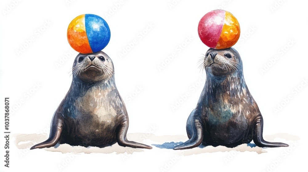 Fototapeta premium Cute Seals Balancing Balls in a Watercolor Style