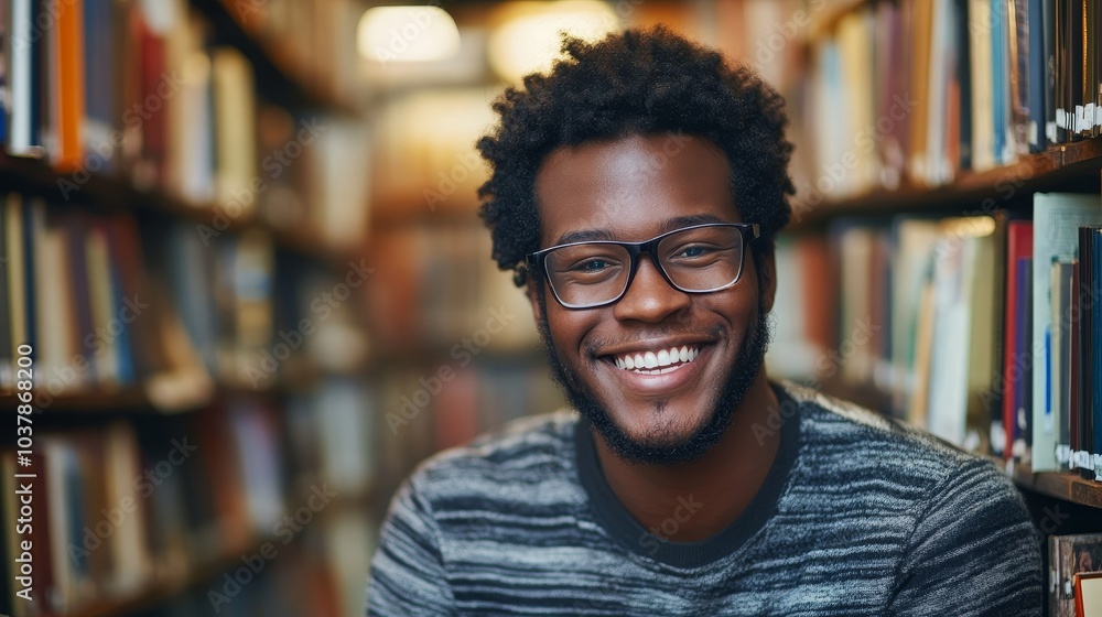 Young man in library smiling while wearing glasses and sweater surrounded by books Young man in library smiling while wearing glasses and sweater surrounded by books