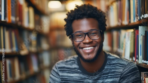 Young man in library smiling while wearing glasses and sweater surrounded by books