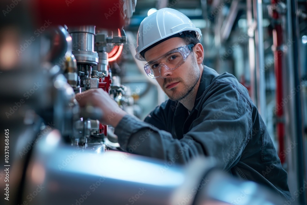 Technician working on industrial machinery in a facility during daylight hours Technician working on industrial machinery in a facility during daylight hours
