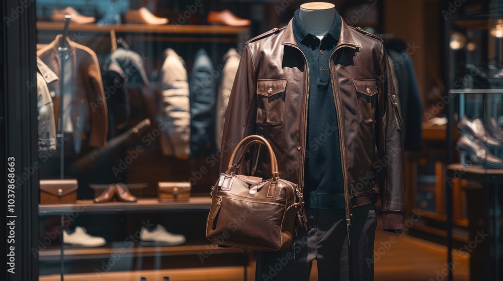 Leather Jacket and Bag Display in a Store Leather Jacket and Bag Display in a Store