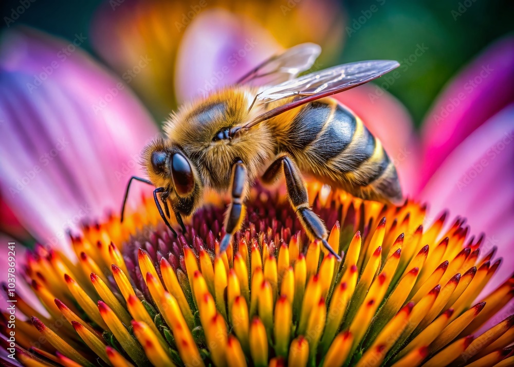 A macro shot captures a bee delicately collecting pollen from a flower, highlighting the stunning process of A macro shot captures a bee delicately collecting pollen from a flower, highlighting the stunning process of