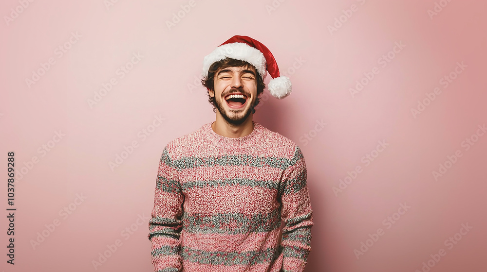 Young man singing, Christmas celebration, pastel pink Young man singing, Christmas celebration, pastel pink