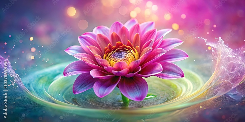 Obraz premium A Vibrant Pink Flower Blossoms Amidst a Whirl of Sparkling Water, Capturing the Essence of Tranquility and Beauty