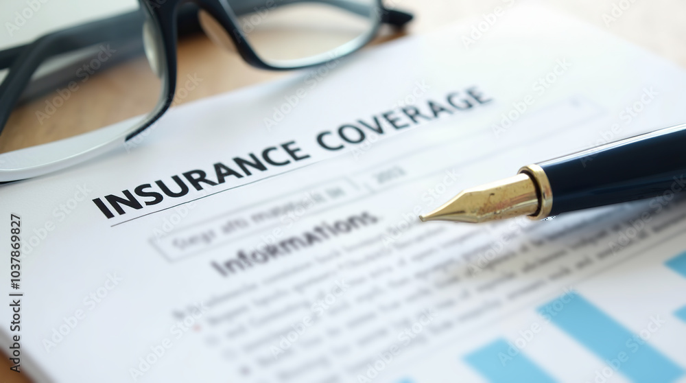 Insurance coverage document with pen and glasses on table Insurance coverage document with pen and glasses on table
