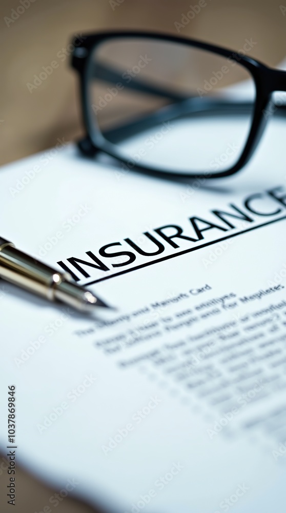 Insurance coverage document with glasses and pen on desk Insurance coverage document with glasses and pen on desk