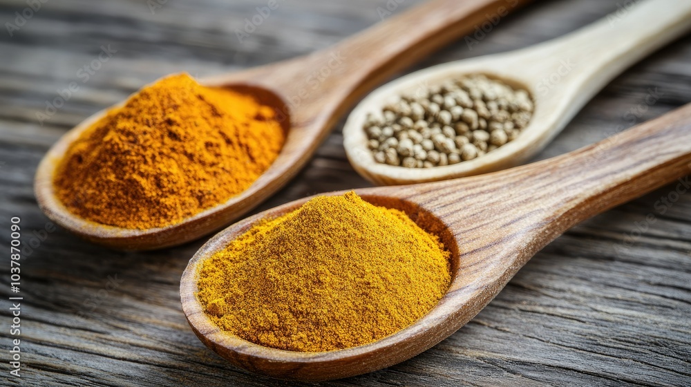 Spices in Wooden Spoons on Rustic Table Spices in Wooden Spoons on Rustic Table