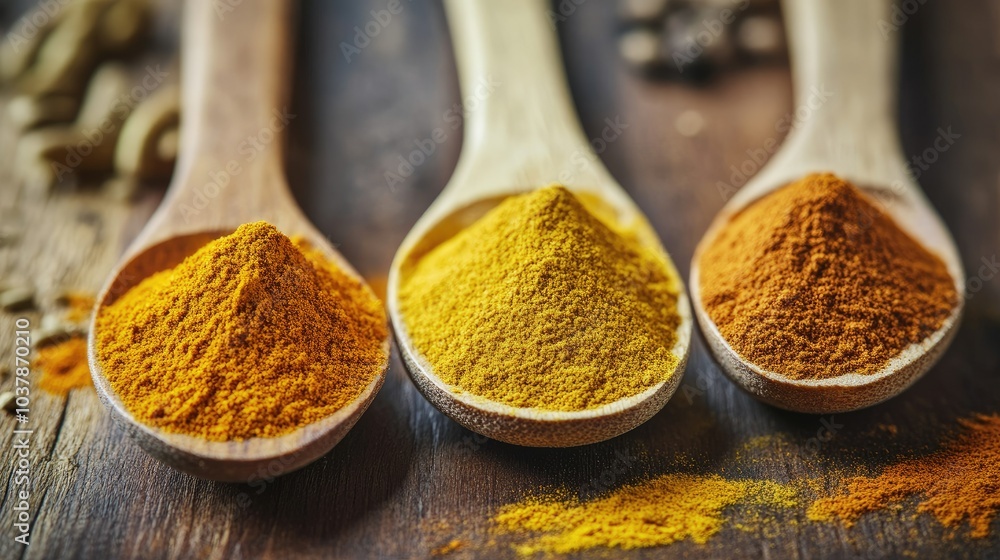 Vibrant Spices on Wooden Spoons Close Up Vibrant Spices on Wooden Spoons Close Up