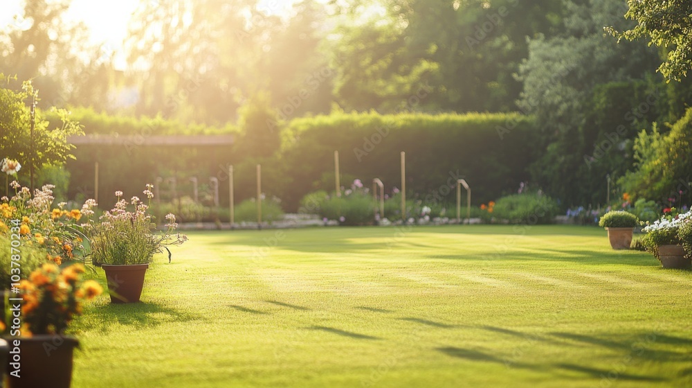 Obraz premium A serene outdoor croquet lawn with neatly arranged hoops and mallets, surrounded by blooming flowers and greenery, soft morning light enhancing the calm atmosphere