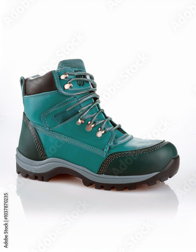 Teal hiking boot with dark accents, laced up, on a white background. Solid background, sturdy sole, ready for adventure. Durable and stylish.