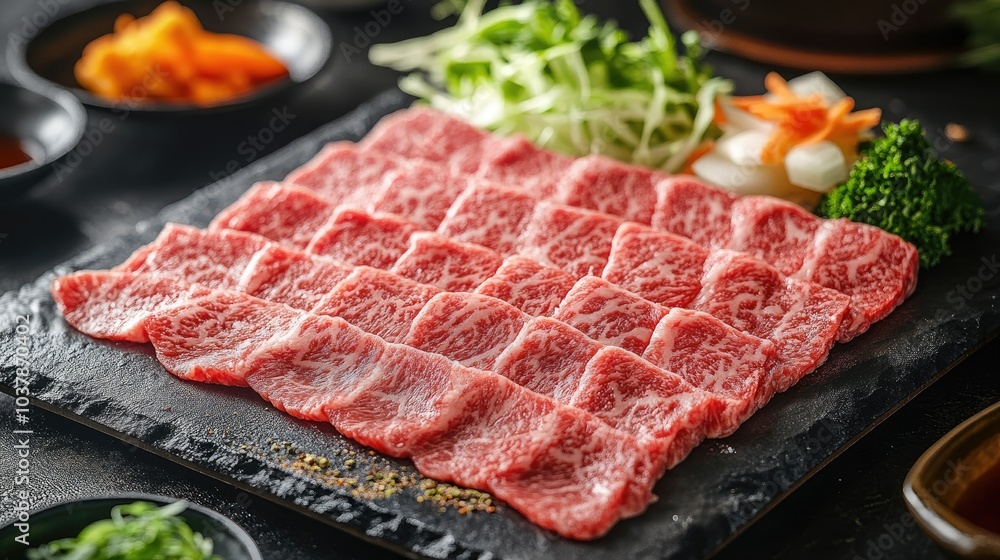 Fresh Slices of Premium Beef on Slate Platter Fresh Slices of Premium Beef on Slate Platter